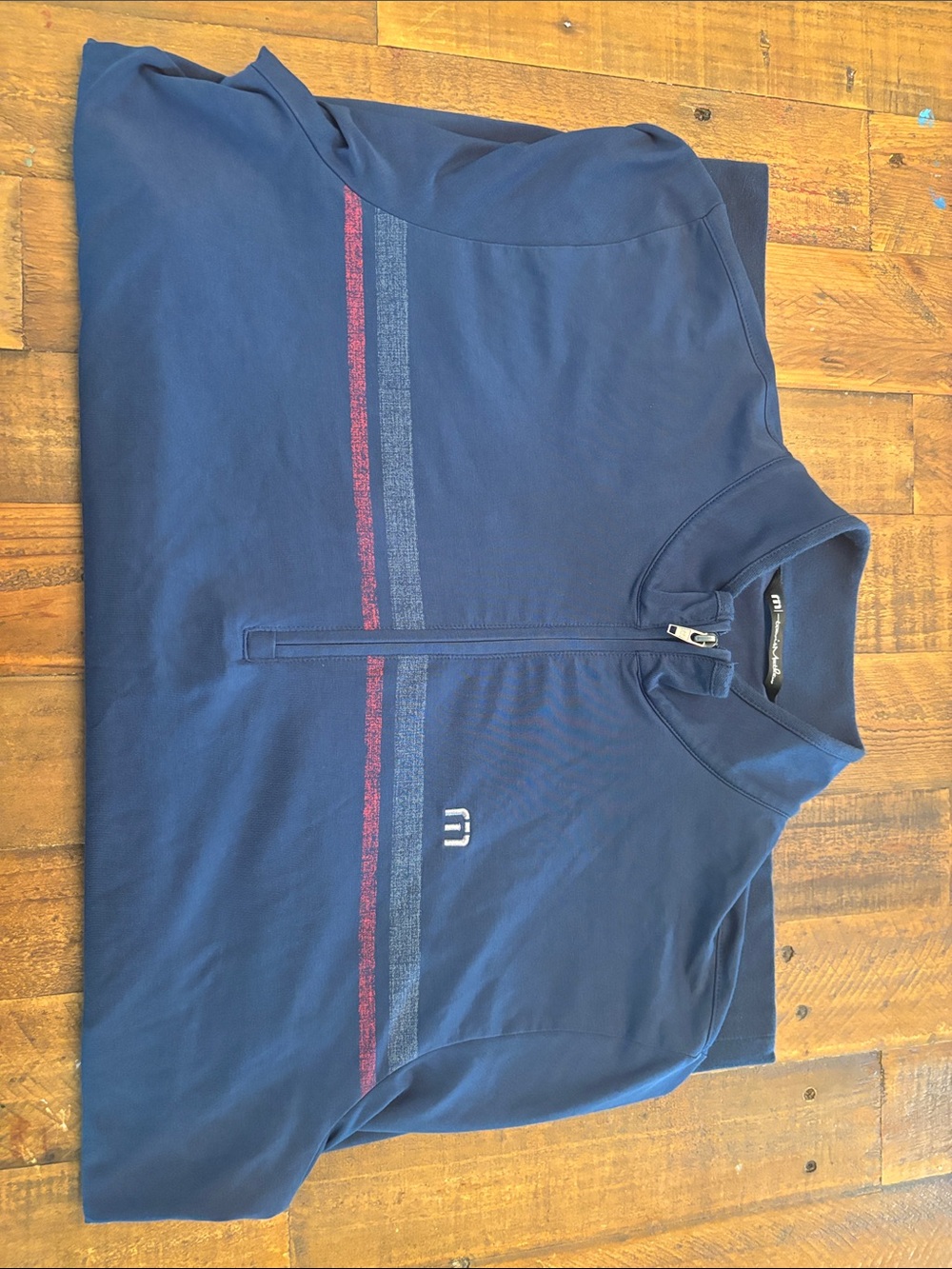 Travis Mathew Navy Zip-Up Sweater with Red and Heathered Blue Stripes
